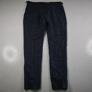 Bespoke‎ 36x32 Blue Plaid Wool Side Cinch Slim Mens Pants